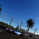 A photo of Fernando Alonso driving past a line of palm trees.